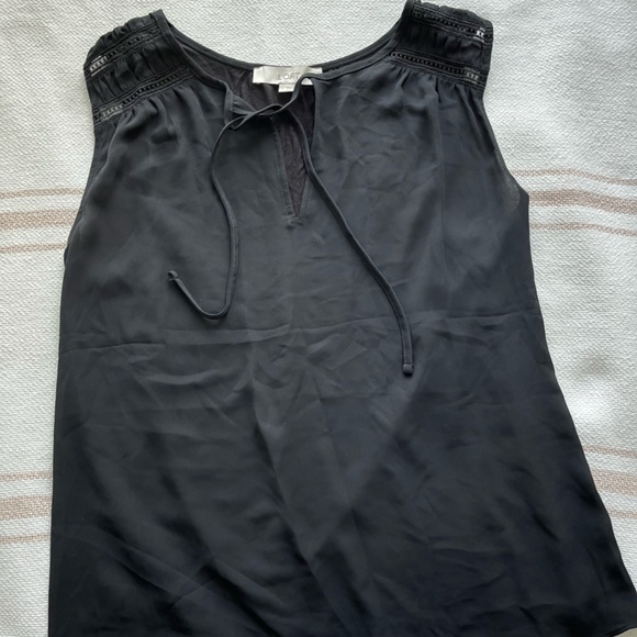 LOFT Cutout Tie Neck Mixed Media Shell - Color: Black, Size: Small - Picture 4 of 7